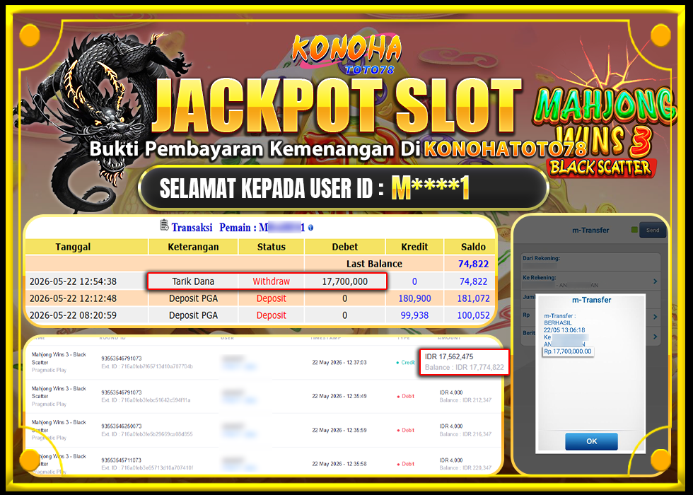 KONOHATOTO78 JACKPOT MAHJONG WINS 3 BLACK SCATTERRp.Rp.17.700.000,- LUNAS